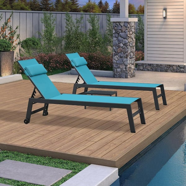 Black Frame Lounge of 3-Pieces Aluminum Outdoor Chaise Lounge with Cushion and Side Table, Blue