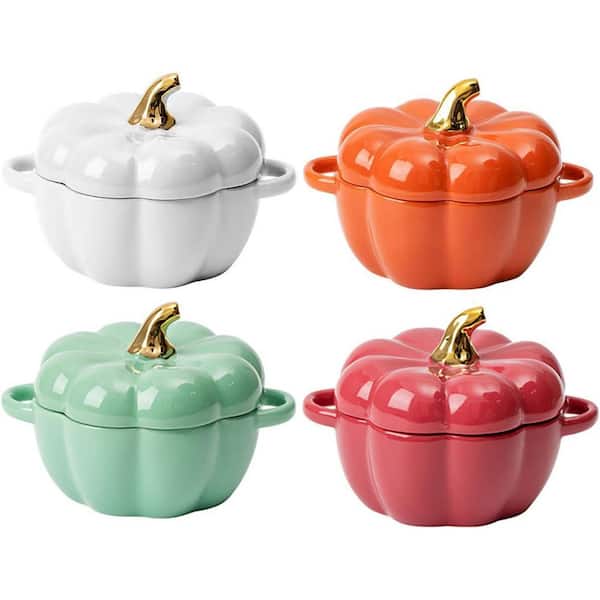 4-Piece Multicolor Ceramic Ramekin Set with Lid and Handle, Oven Safe, Nonstick, for Baking and Casseroles