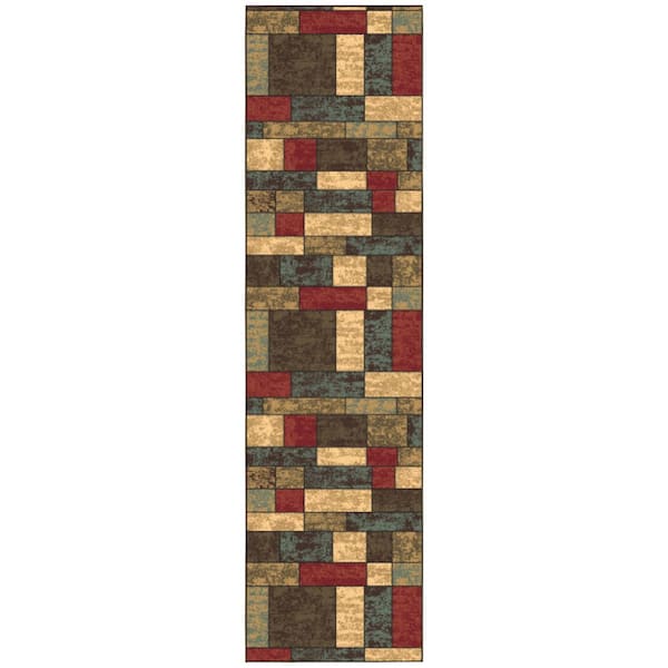 Ottohome Collection Non-Slip Rubberback Boxes Design 3x10 Indoor Runner Rug, 2 ft. 7 in. x 9 ft. 10 in., Multicolor