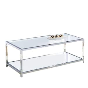48 in. Silver and Clear Rectangle Glass Top Metal Coffee Table with Open Bottom Shelf