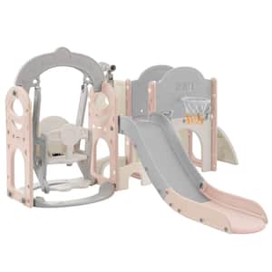 Pink 8 in 1 Toddler Freestanding Slide Set with Basketball Hoops for Babies Indoor and Outdoor