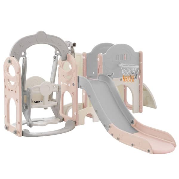 Unbranded Pink 8 in 1 Toddler Freestanding Slide Set with Basketball Hoops for Babies Indoor and Outdoor
