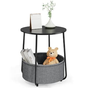 Round Black Steel Side End Accent Table with Fabric Storage Basket for Living Room (19.29 in. W x 20 in. H)
