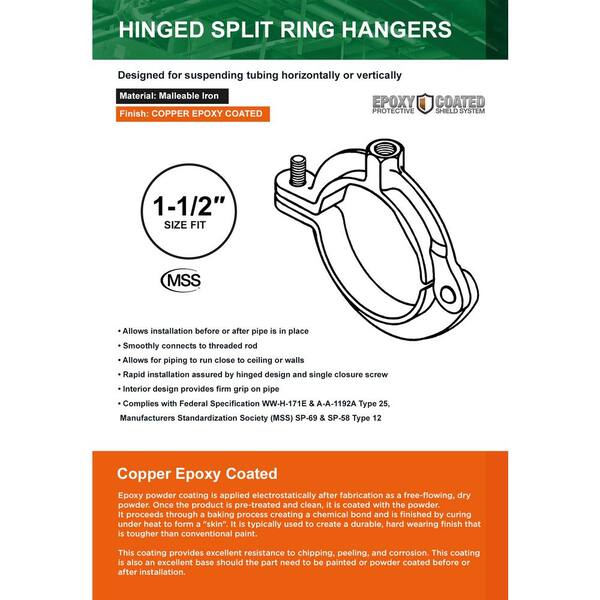 The Plumber's Choice 1-1/2 in. Hinged Split Ring Pipe Hanger, Copper Epoxy  Coated Clamp with 3/8 in. Rod Fitting, for Hanging Tubing (5-Pack) 112HSHCP- 5 - The Home Depot