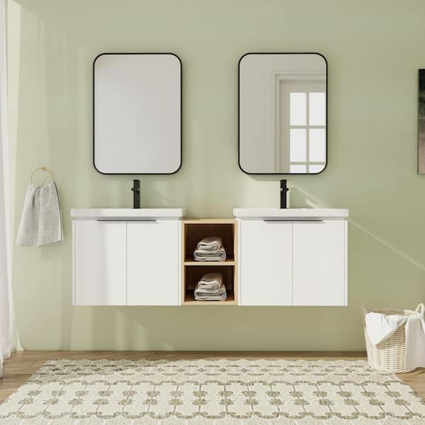 60 in. Wall-Mounted Double White Bath Vanity with White Ceramic Vanity Top Unassembled