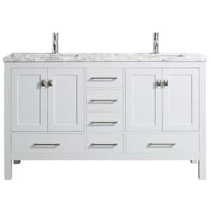 London 60 in. W x 18 in. D x 34 in. H Double Bathroom Vanity in White with White Carrara Marble Top with White Sinks