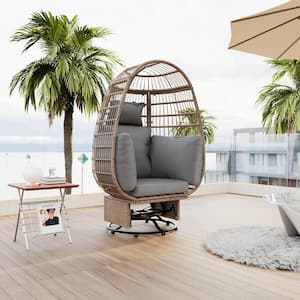 38.6 in. Natural Wicker Outdoor Egg Patio Swivel Chair with Rocking Function and Gray Cushion