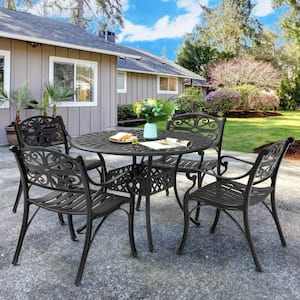 Black with Gold-Painted Edges 5-Piece Cast Aluminum Round Outdoor Dining Set with 2.24 in. Umbrella Hole