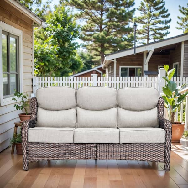 Arcadia Brown Wicker Outdoor 3-Seat Couch with High Curved Back and 6 in. Thick Beige Box-Edge Cushions