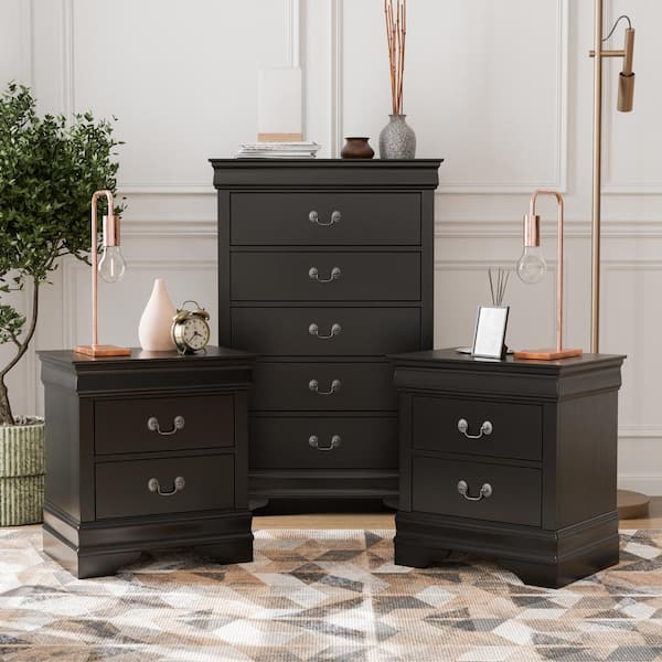 Furniture of America Burkhart Black 2 Drawer 21.63 in. W Set of 2 Nightstand and Chest