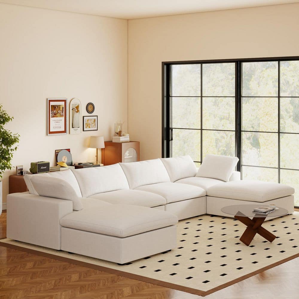 J&E Home 160.6 in. W Square Arm Linen U-Shaped 6-Pieces