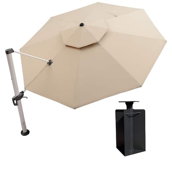 PURPLE LEAF 13 ft. Octagon High-Quality Aluminum Cantilever Polyester Outdoor Patio Umbrella with Base in Ground, Beige