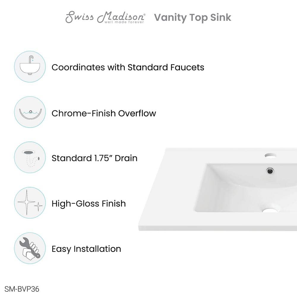 White Ceramic 36" Vanity Sink Top with Faucet Hole