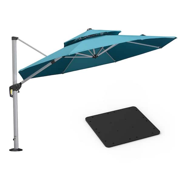 PURPLE LEAF 11 ft. Octagon High-Quality Aluminum Cantilever Polyester Outdoor Patio Umbrella with Base Plate, Turquoise Blue