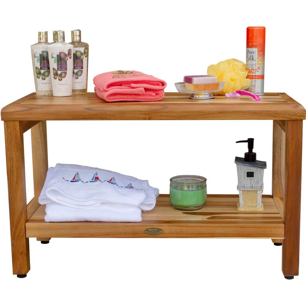 Eleganto 30" Natural Teak Shower Bench with Shelf