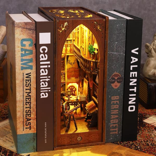 Tzgsonp 3D Wooden Puzzle Bookends, DIY Book Nook Kit, Magic Book House Model Building Kit Insert Decor with Sensor Light, Stand Bookshelf for Home