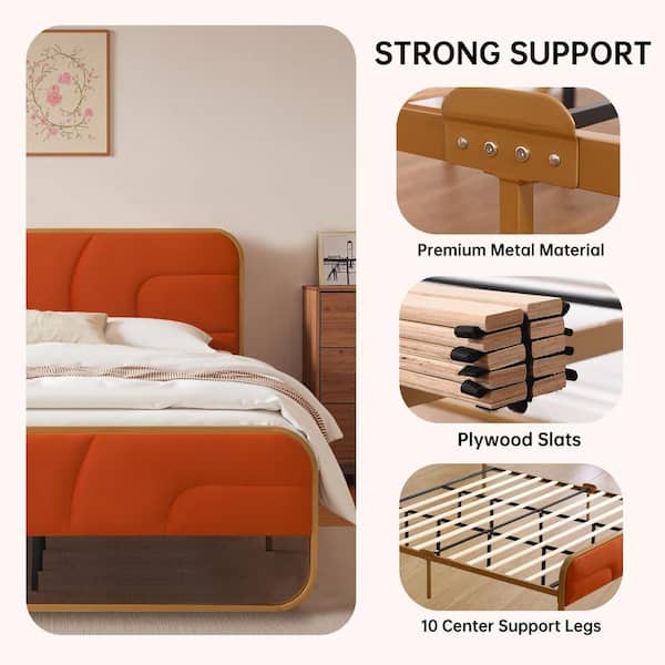 Ahokua Orange Frame Queen Size Soft Velvet Platform Bed with 10 in