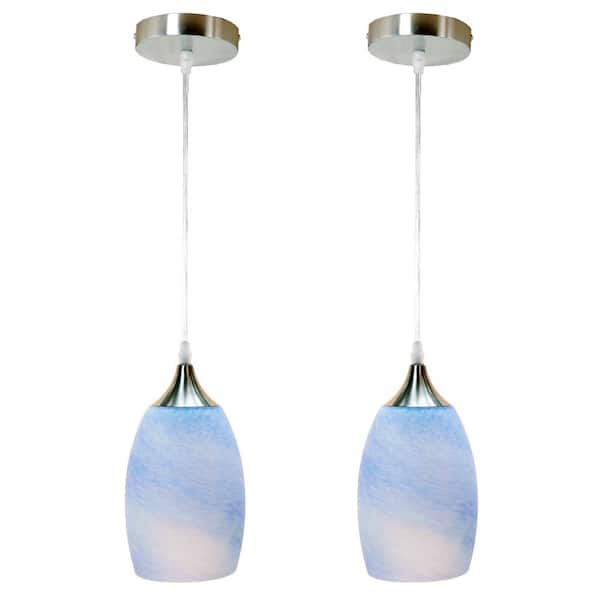 Unbranded 1-Light Oval Nickel Hand Blown Blue Glass Shade Pendant (Pack of 2)