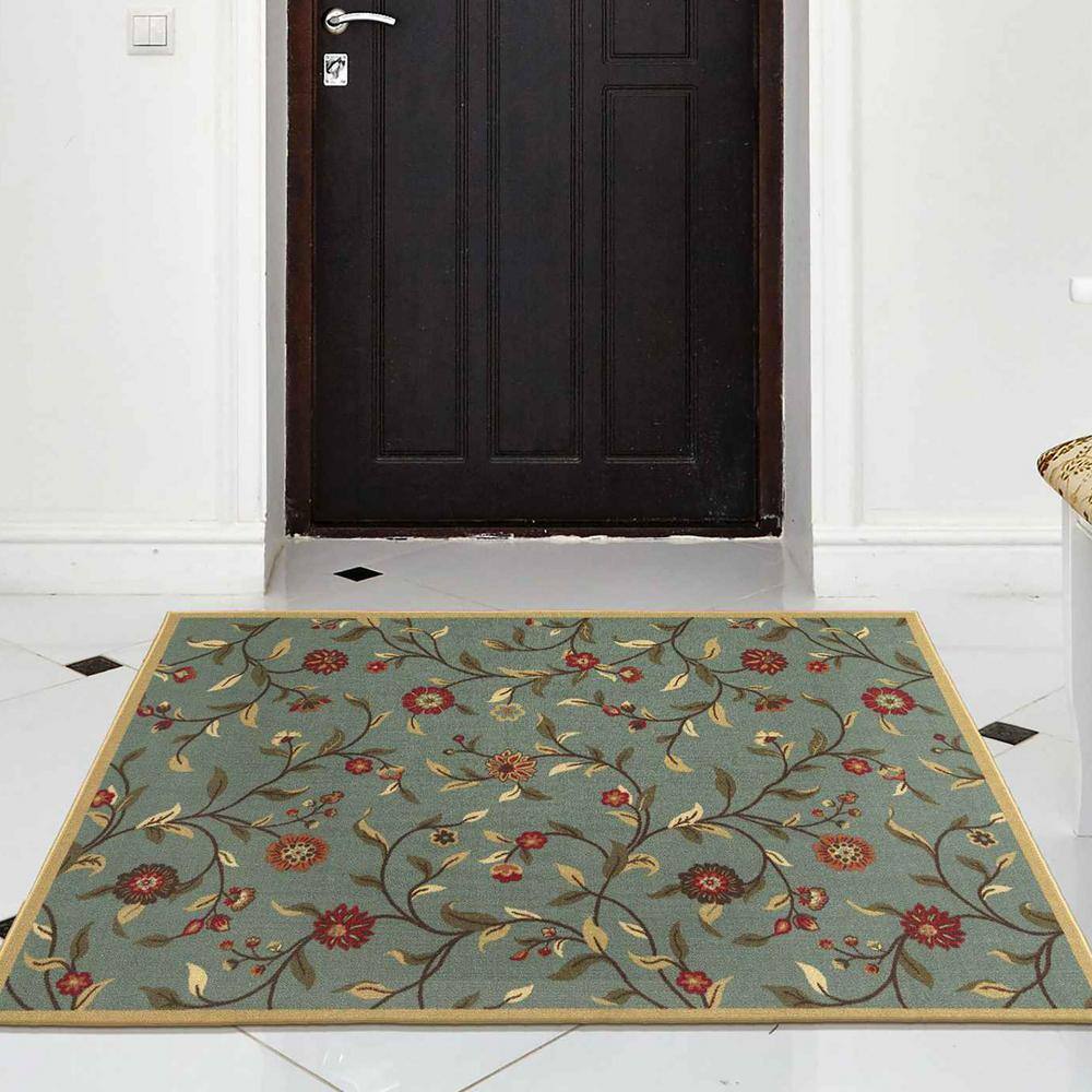 Seafoam Green Floral Non-Slip Washable Area Rug 3'3" x 5'