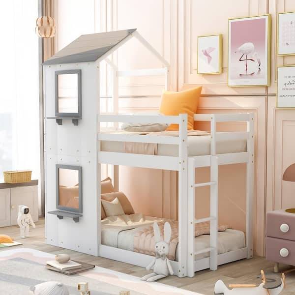 Polibi White Twin Over Twin Bunk Bed Wood Bed with Roof, Window, Guardrail, Ladder