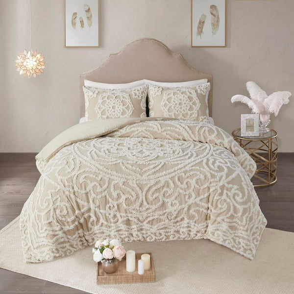 3-Piece King/Cal King Taupe Boho Lifestyle Tufted 100% Cotton Chenille Medallion Duvet Cover Set and Matching Shams