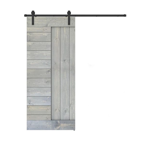 Dessliy Panel 36 in. x 84 in. Weather Grey Finished Pine Wood Sliding Barn Door With Hardware Kit