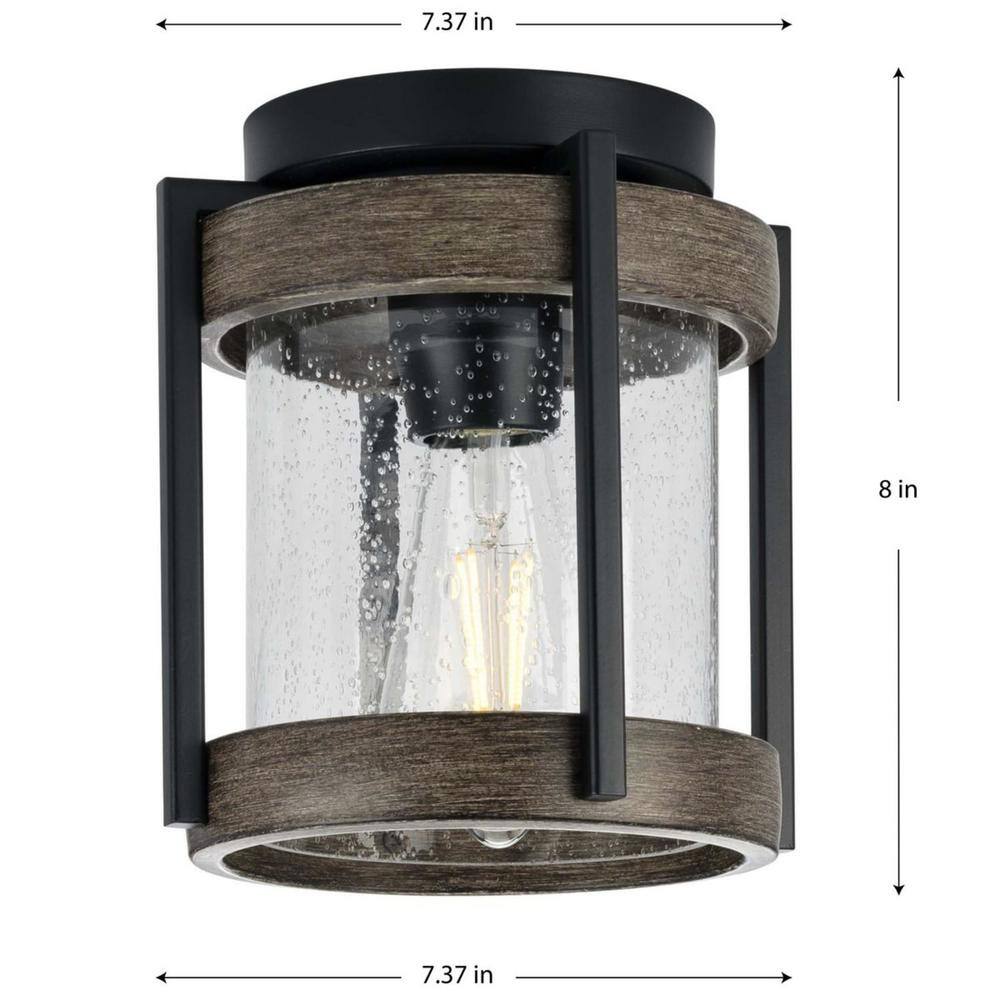 Matte Black and Clear Seeded Glass Outdoor Flush Mount Light