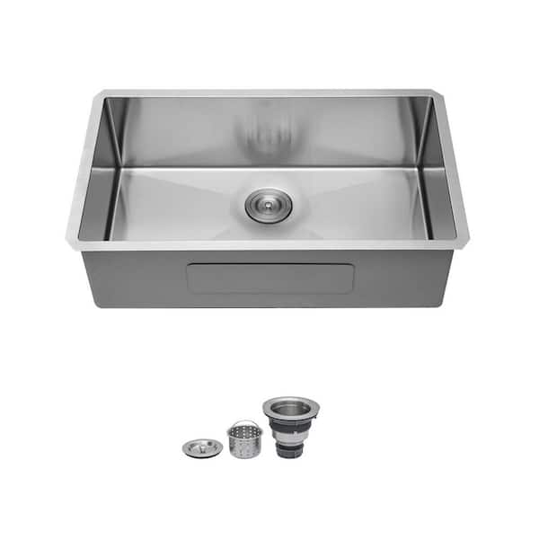 33 in. Undermount Single Bowl 16-Gauge Brushed Nickel Stainless Steel Kitchen Sink with Strainer