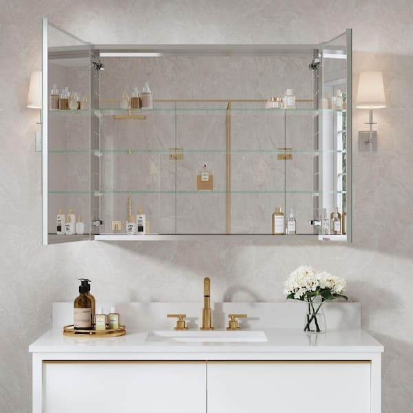 ROSA 36 in. W x 30 in. H Rectangular Aluminum Tri-View Medicine Cabinet with Mirror, Blum Hinge, Adjustable Shelves