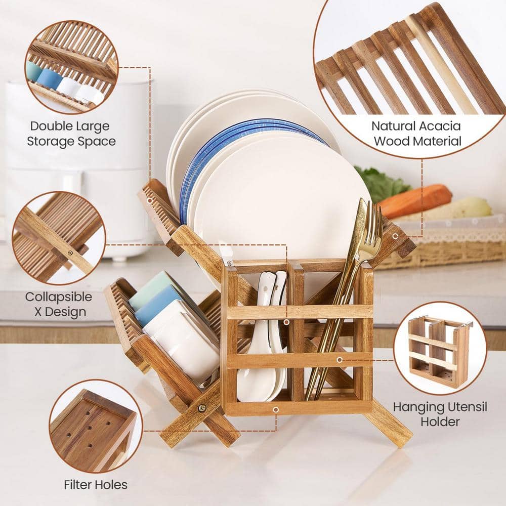 Foldable Acacia Wood 2-Tier Dish Rack with Utensil Holder