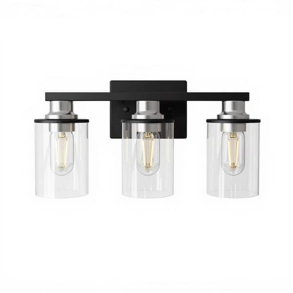 17 in. 3-Light Black and Nickel Vanity Light Over Mirror, Bathroom Wall Light with Clear Glass Shades for Bedroom