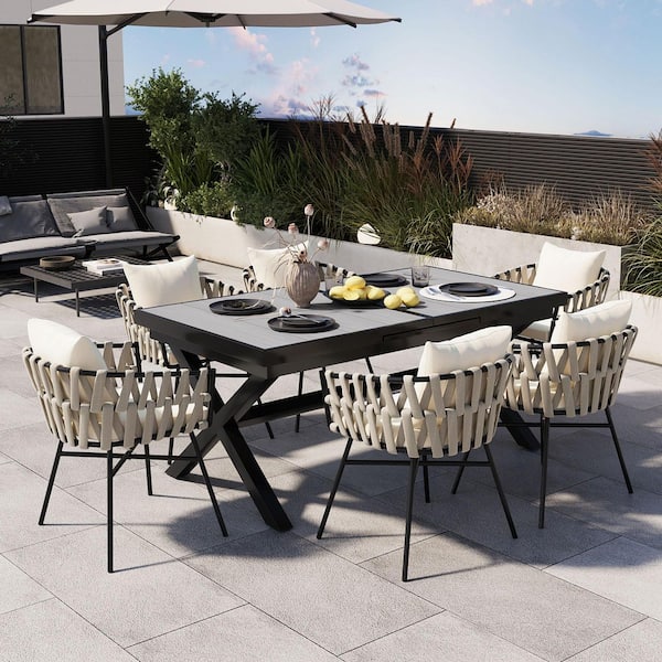7-Piece Extendable Metal Outdoor Dining Table Set with Beige Cushions, Table Expands From 62.9" to 82.6" for Patio