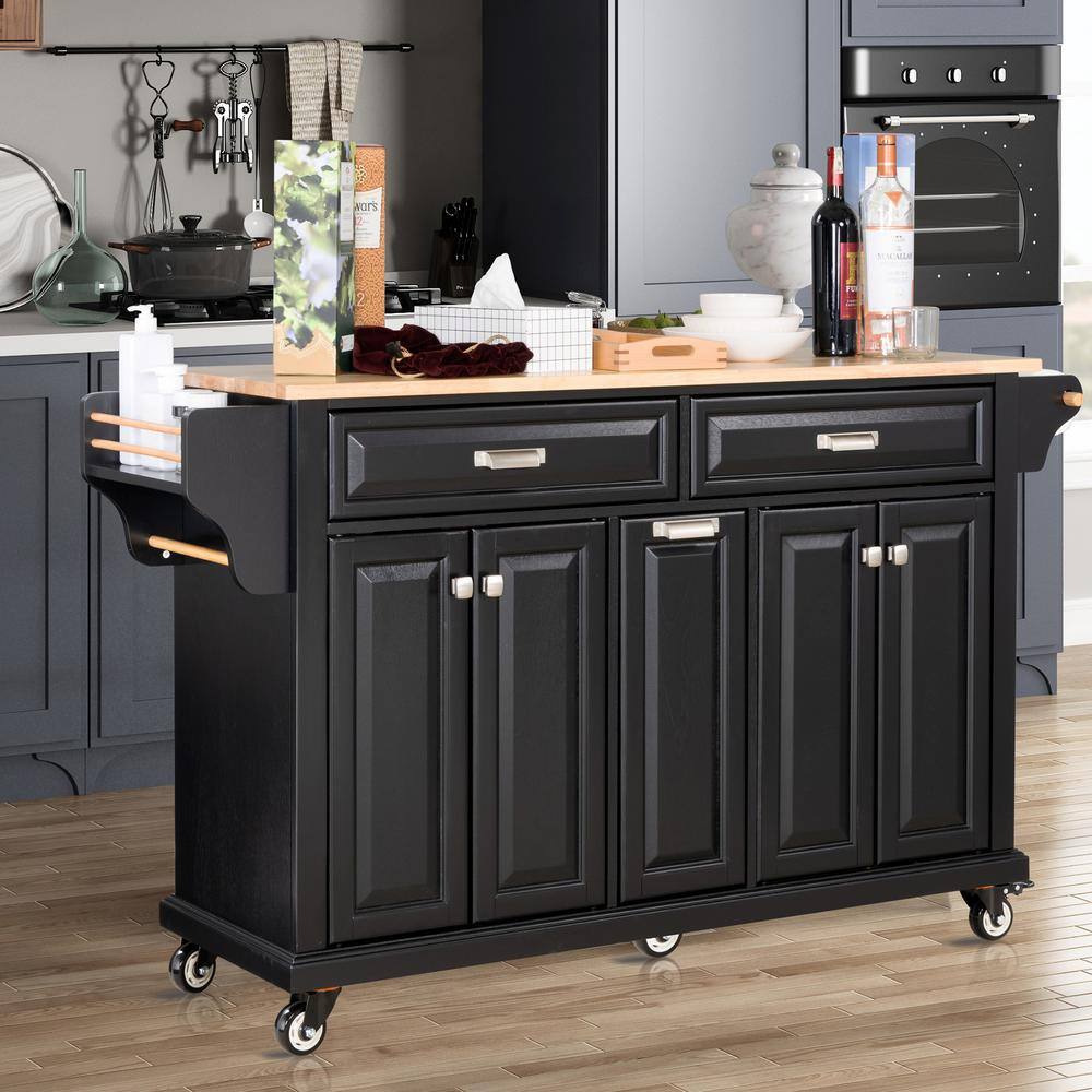 Black Rubberwood Kitchen Cart with Spice Rack, Towel Rack, Adjustable Shelves and 3-Drawers price history on PriceWatchPro