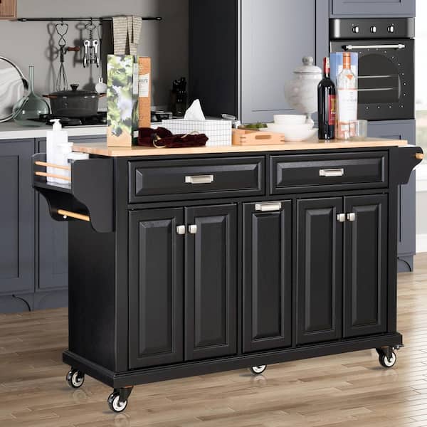 Staykiwi Black Rubberwood Kitchen Cart with Spice Rack, Towel Rack, Adjustable Shelves and 3-Drawers