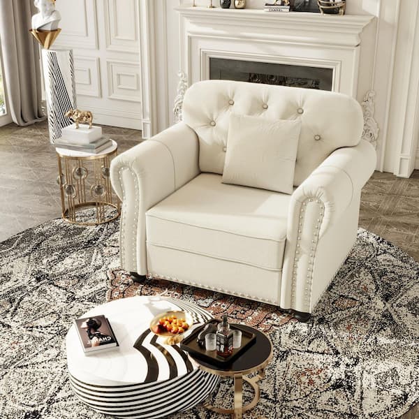 Elaine Mid-Century Modern 41.3 in. Velvet Rectangle Sofa in Beige White with Nailhead Trim, Rolled Armrests, Pillow