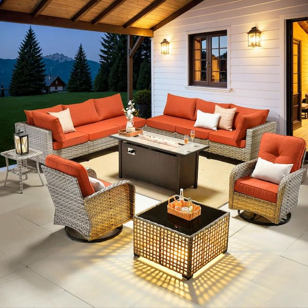 Supery Gray 11-Piece Wicker 54 in. Rectangle Fire Pit Patio Conversation Set with Bold-Stripe Orange Red Cushions