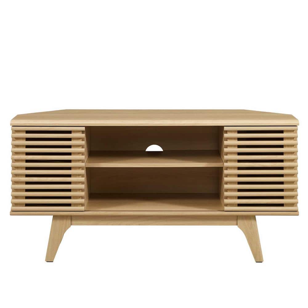 Oak Mid-Century Modern Corner TV Stand with Cabinet