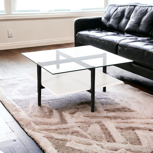HomeRoots 32 in. Black Square Glass Coffee Table with Shelves Storage