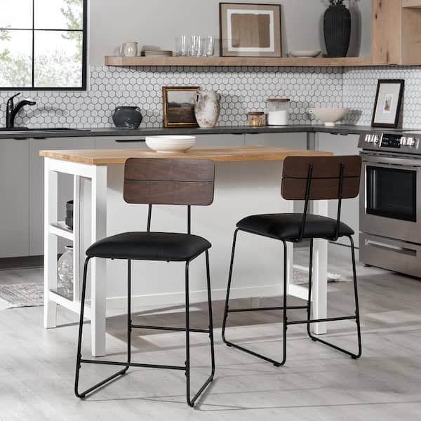 Walker Edison Furniture Company 25 in. Black High Back Modern Industrial Metal-Leg Cushioned Counter-Height Bar Stool with Faux Leather Seat (Set of 2)