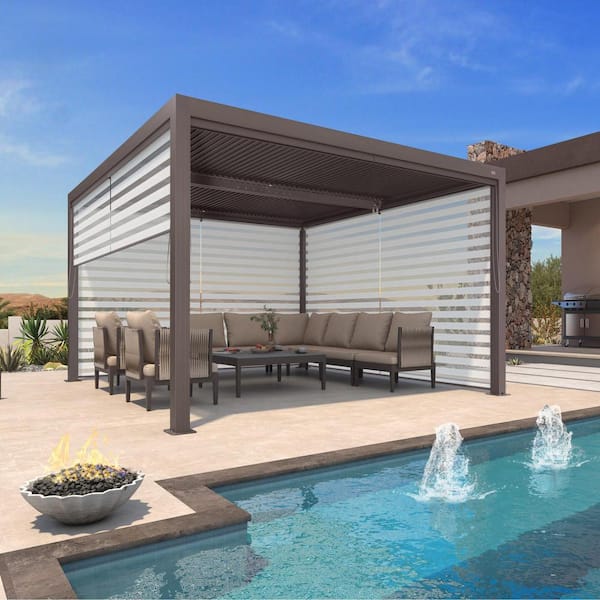 PURPLE LEAF 12 ft. x 12 ft. Bronze Aluminum Louvered Pergola Gazebo with Adjustable Sunshade Roofs and 3-Side Roller Shade