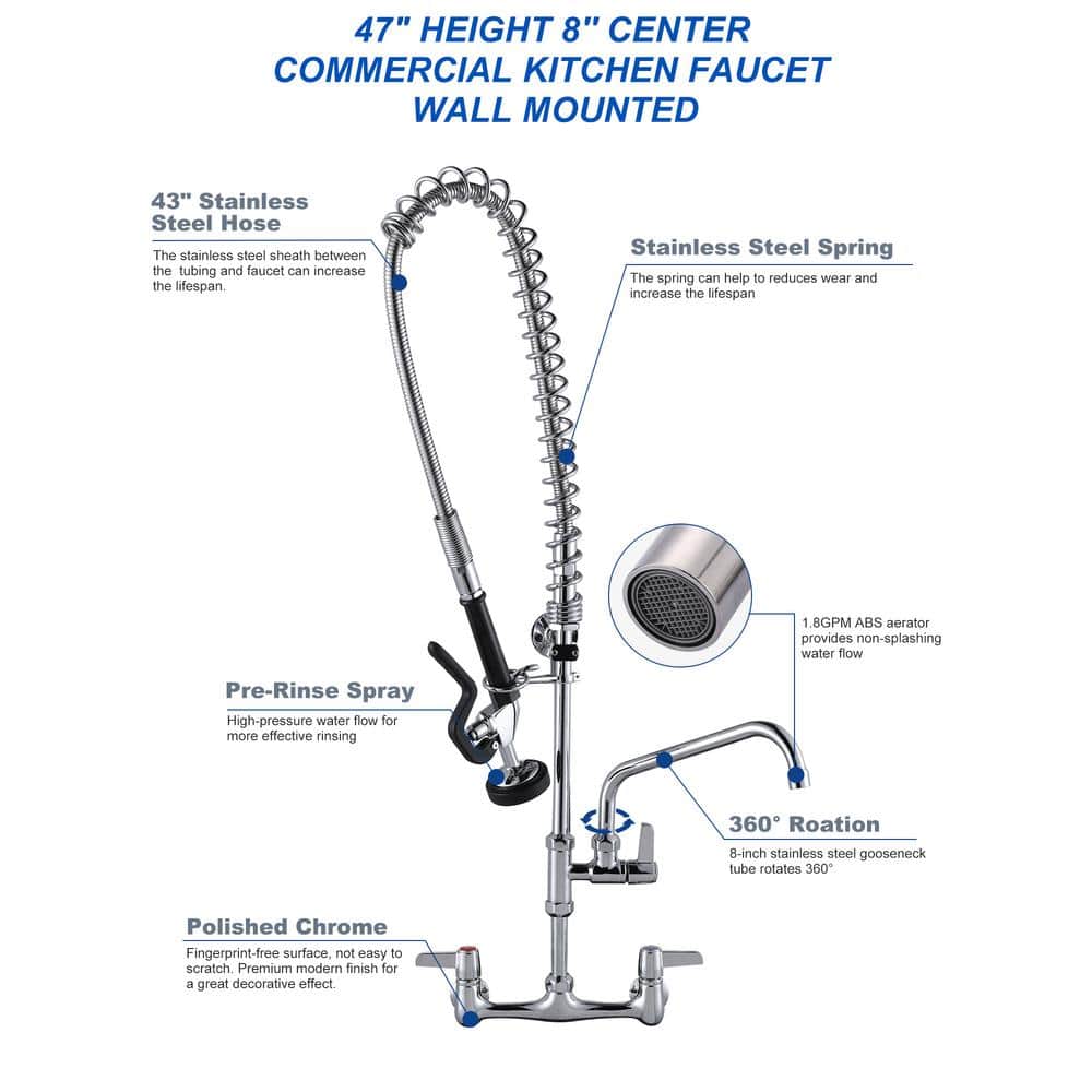 47" Polished Chrome Wall Mount Commercial Kitchen Faucet with Pull-out Spray