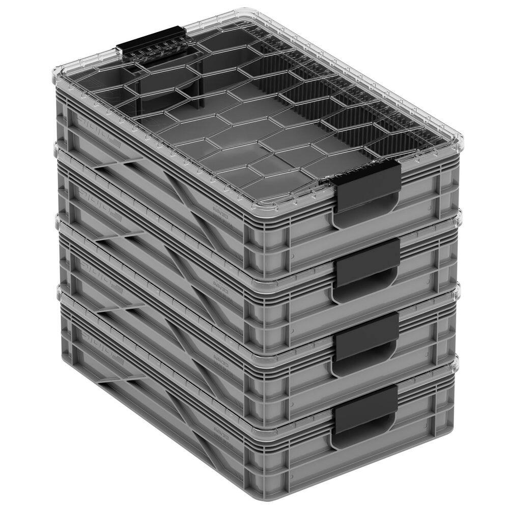 Quarter Crate 4-Pack Heavy Duty Stackable Storage Bins with Lids and Dividers Gray price history on PriceWatchPro