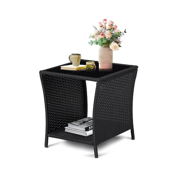Justincity Black Outdoor Wicker End Side Table for Patio with Storage Shelf