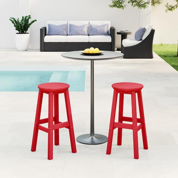 WESTIN OUTDOOR Laguna 29 in. HDPE Plastic All Weather Backless Round Seat Bar Height Outdoor Bar Stool in Red (Set of 2)