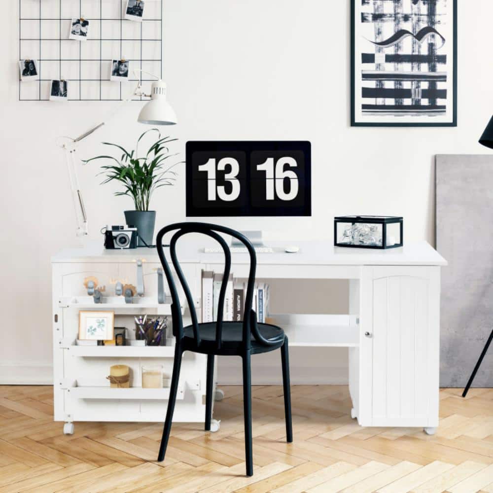 White Folding Sewing Table with Shelves and Wheels