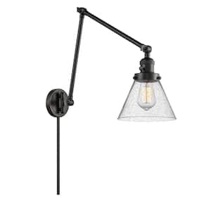 Cone 8 in. 1-Light Matte Black Wall Sconce with Seedy Glass Shade with On/Off Turn Switch