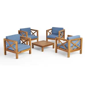 Quella Teak Finish 5-Piece Wood Patio Conversation Set with Blue Cushions