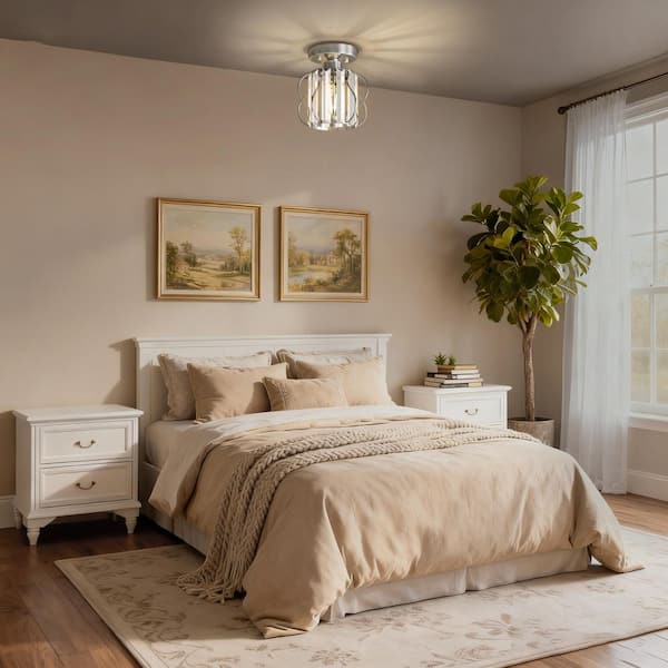 7 in. 1-Light Nickel Modern Crystal Mini Ceiling Light, Round Clear Shade Flush Mount Chandelier for Entryway, Hallway