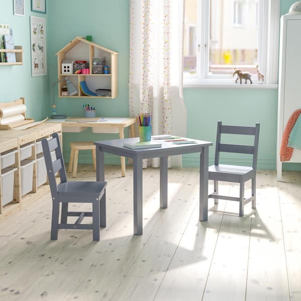 Carnegy Avenue Kyndl Kids Solid Hardwood 3-Piece Square Wood Top Gray Table and Chair Set for Playroom, Bedroom, Kitchen