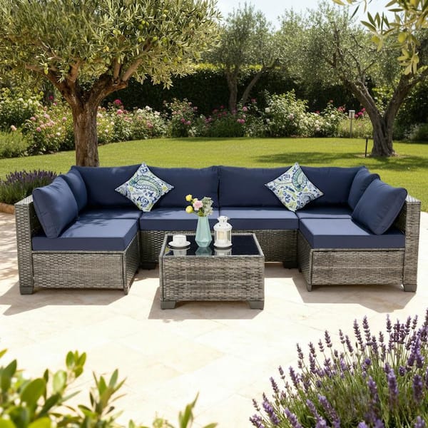 7-Piece Wicker Outdoor Sectional Set Conversation Sets with Blue Cushions for Backyard, Lawn